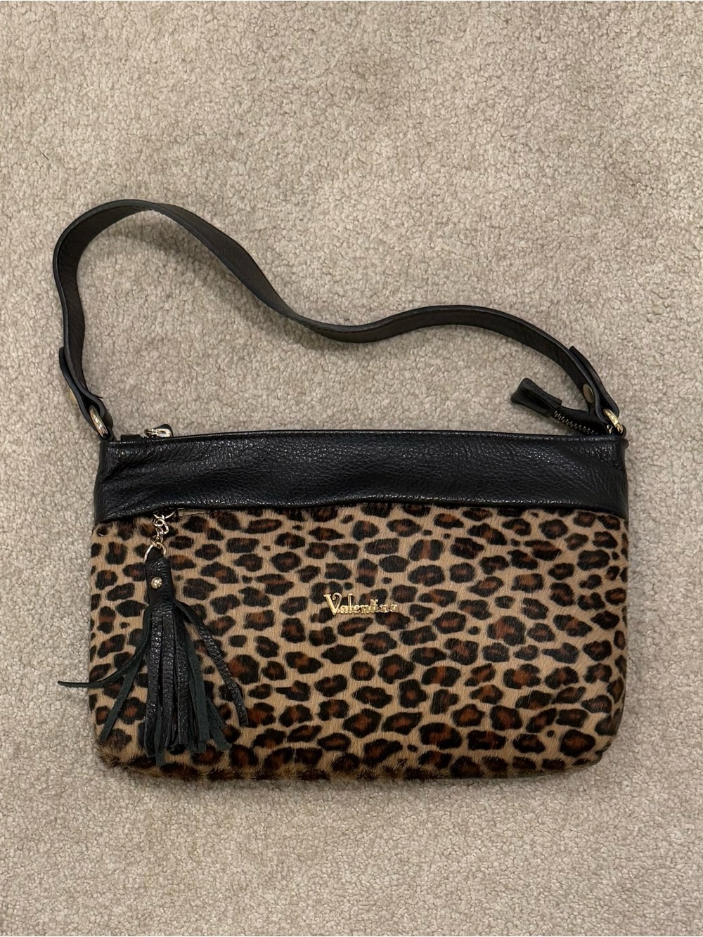 Leopard Print Leather-Trim Shoulder Bag - Black/Tan